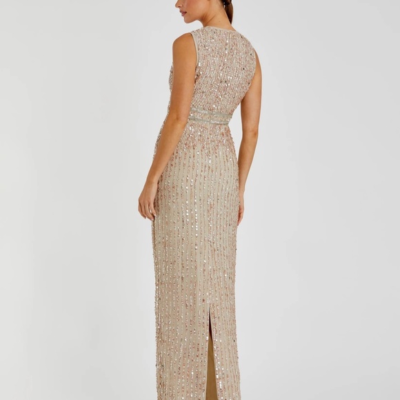 MAC DUGGAL Beige Sequined High Neck Sleeveless Column Gown - Picture 3 of 3